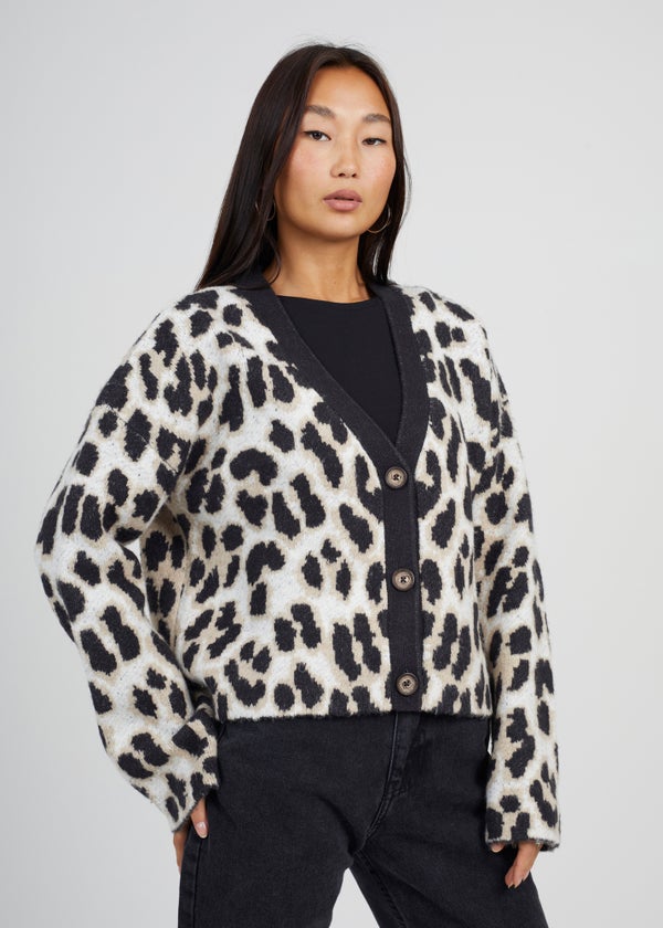 Brave Soul Camel Button Through Animal Print Jacquard Knit