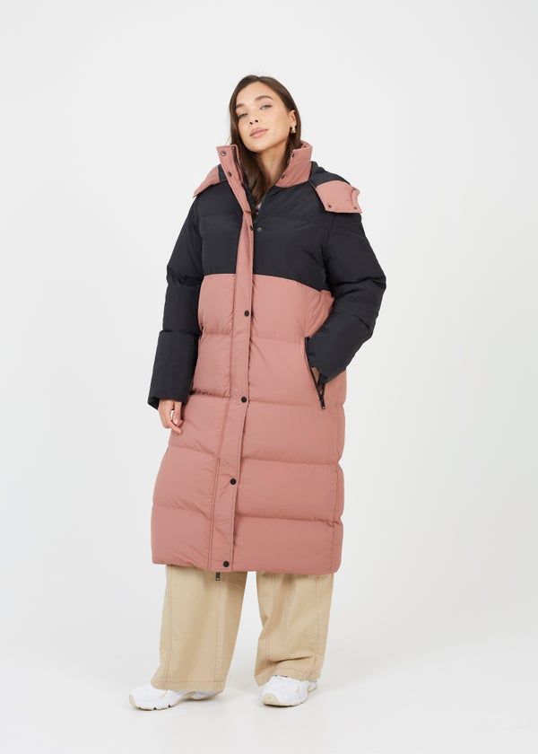 Brave Soul Dusty Pink Maxi Contrast Hooded Puffer Jacket Matalan