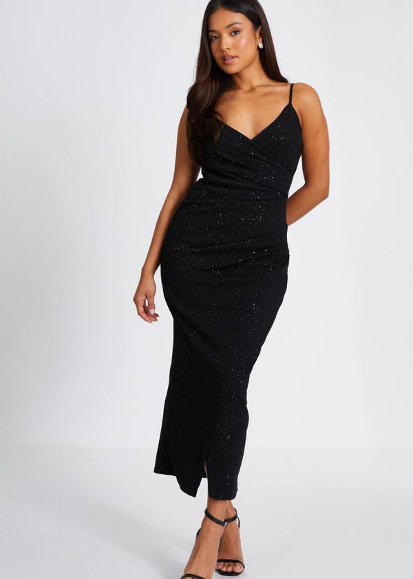 Quiz Black Petite Glitter Wrap Midaxi Dress Matalan