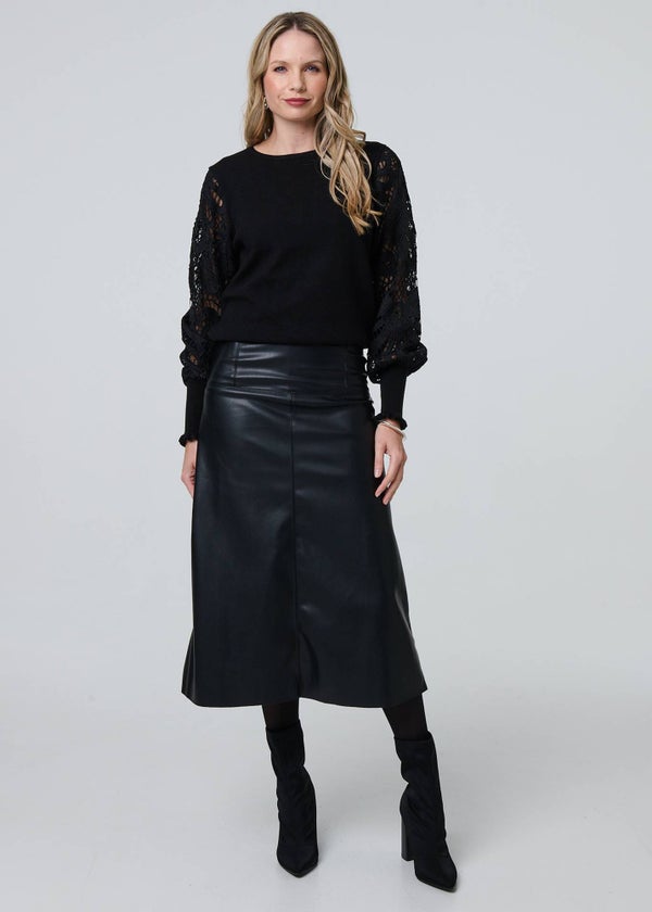 Izabel London Black Faux Leather High Waist Midi Skirt Matalan