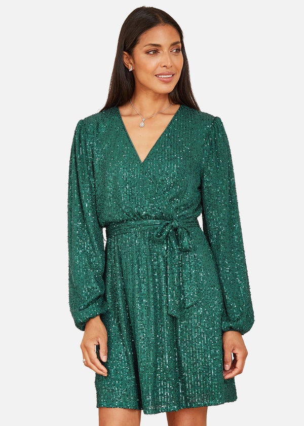 Mela Green Sequin Belted Wrap Long Sleeve Dress Matalan