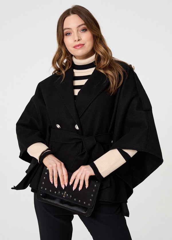 Izabel London Black Cape Coat With Belt - 12 | Matalan