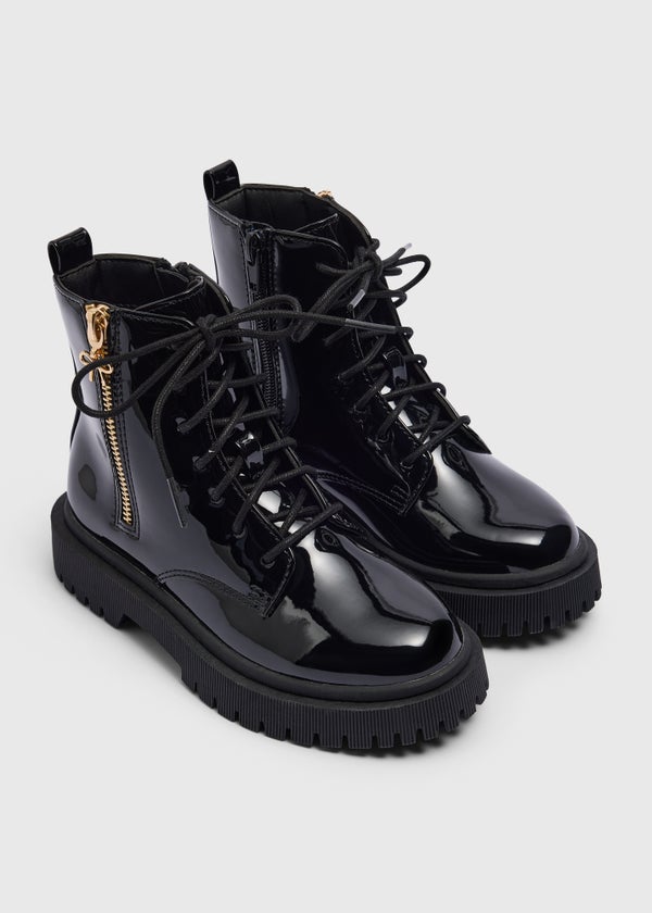 Girls Black Patent Lace Up Boots Matalan
