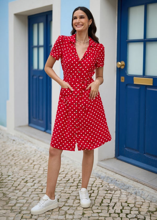red white polka dot dress Lola Lace Trim A-Line Halter Mini M / Red Multi Designed with a strapless neckline Yumi Red Retro Shirt Polka
