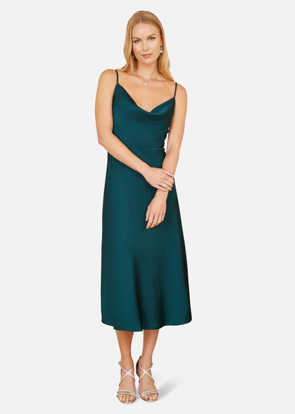 Yumi Green Satin Cowl Neck Midi Dress - 14 | Matalan