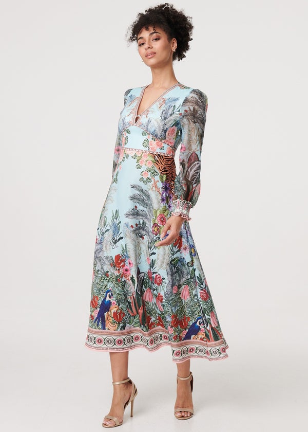 Izabel London Green Tropical Print Empire Waist Midi Dress Matalan