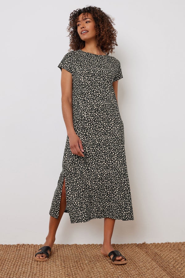 M&Co Black Animal Print Short Sleeve Midi Dress Matalan