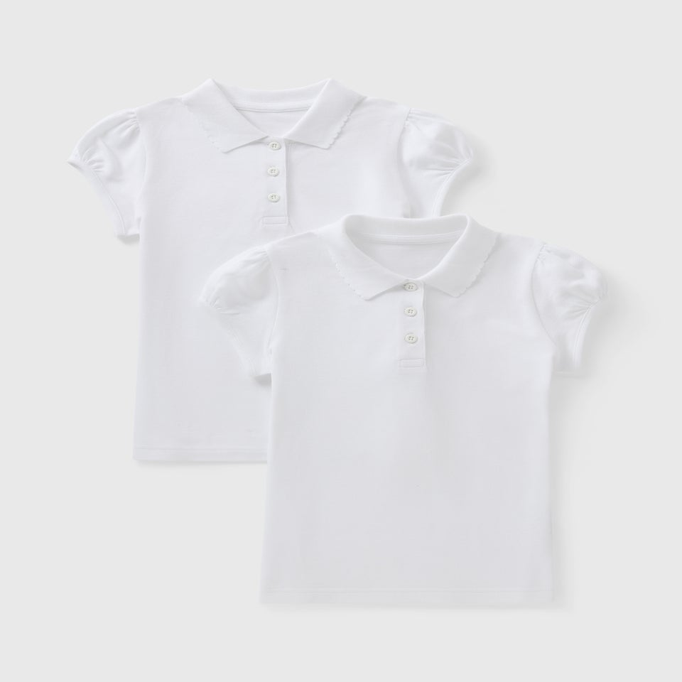 Girls 2 Pack White Scallop Collar School Polo Shirts (3-13yrs)