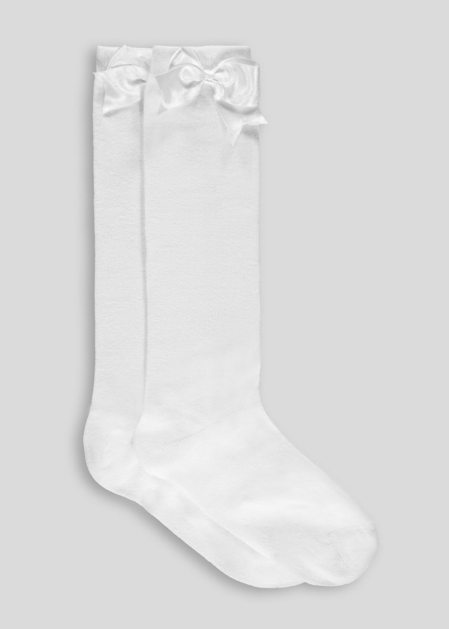 Girls 2 Pack White Satin Bow Knee High Socks (Younger 6-Older 5.5)