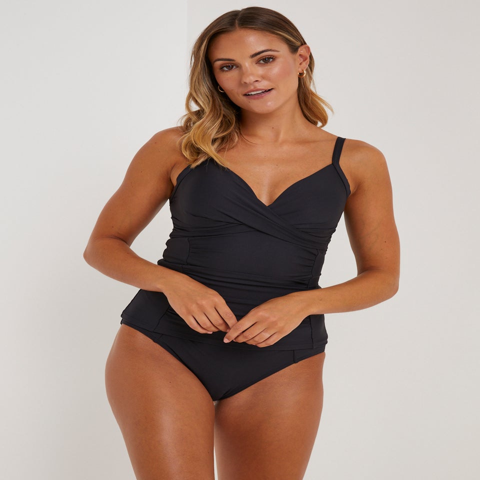 Black Tummy Control Wrap Front Tankini Top