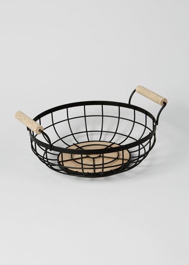 Black Wire & Wood Fruit Basket (29.5cm x 26cm x 9cm)