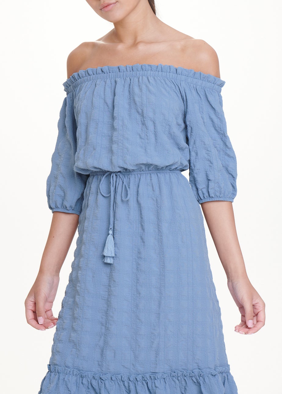 Blue Seersucker Bardot Midi Dress