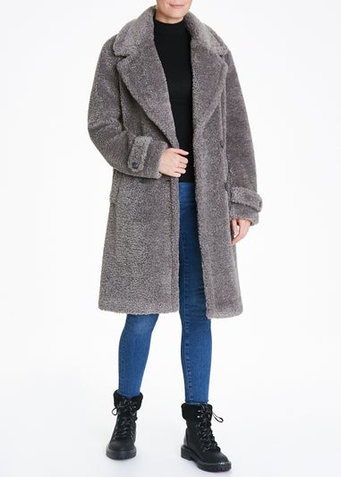 Grey Teddy Fleece Double Breasted Coat