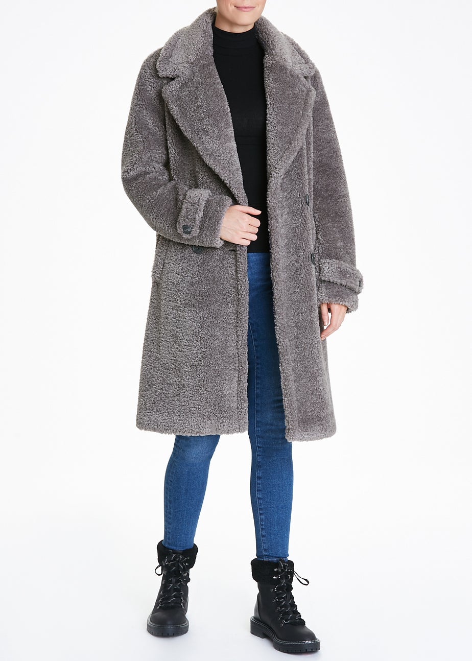 Grey Teddy Fleece Double Breasted Coat