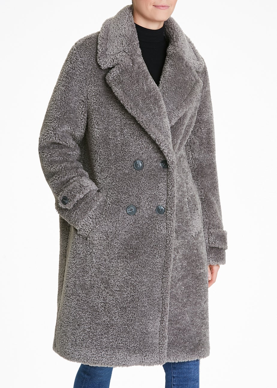 Grey Teddy Fleece Double Breasted Coat