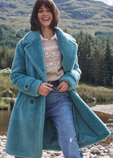 Teal Teddy Fleece Double Breasted Coat