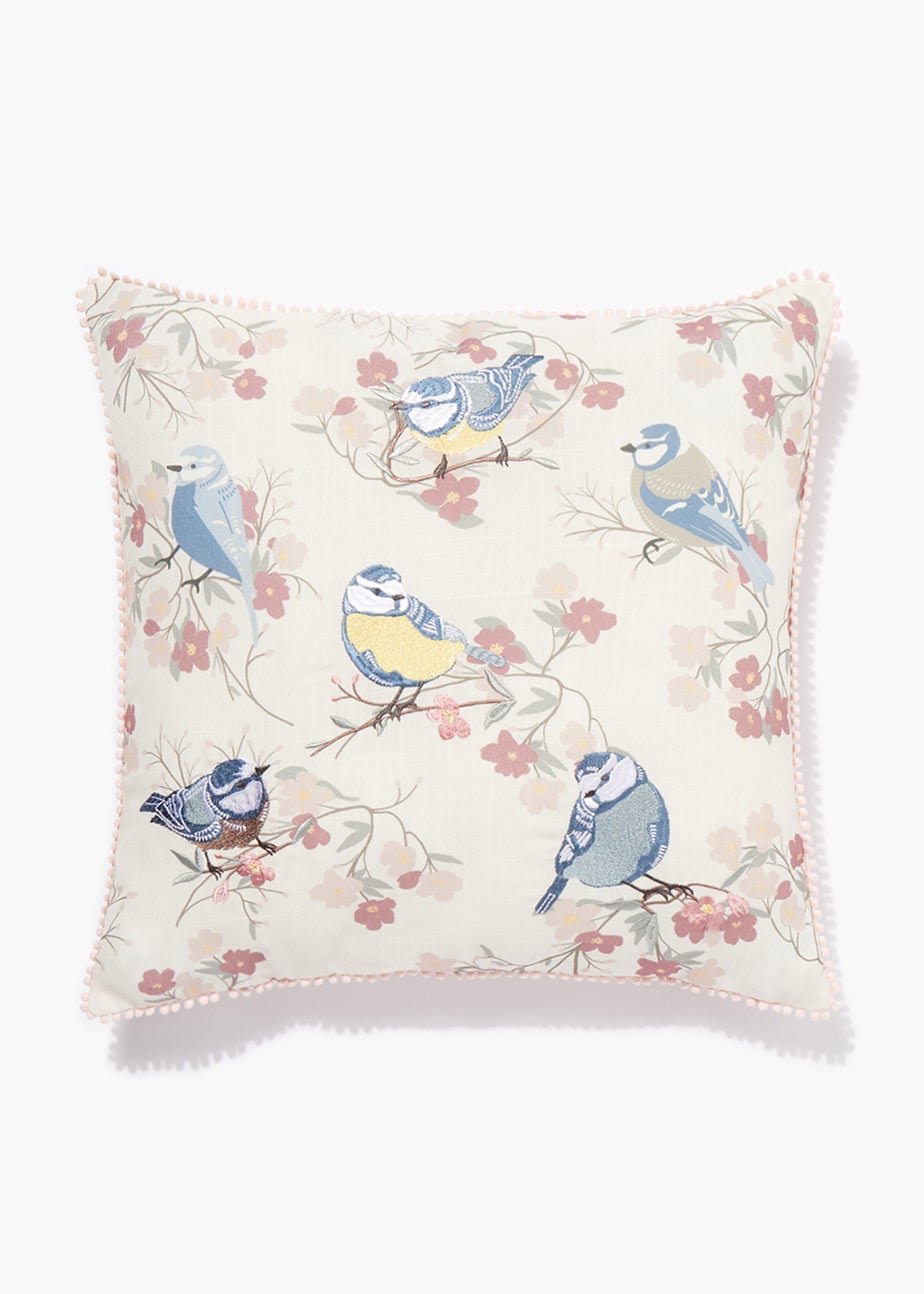 Pink Embroidered Birds Cushion (46cm x 46cm)