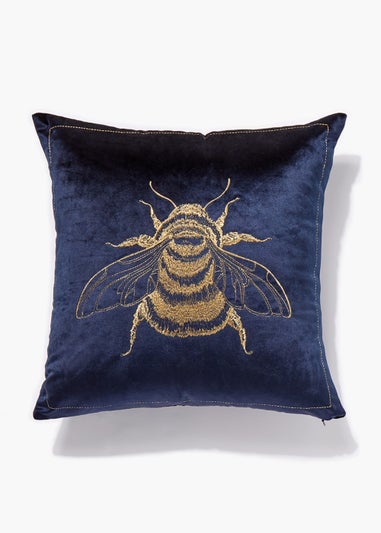 Navy Velvet Bee Embroidered Cushion (46cm x 46cm)
