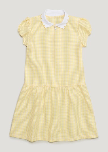 Girls Yellow Knitted Collar Gingham School Dress (3-14yrs)