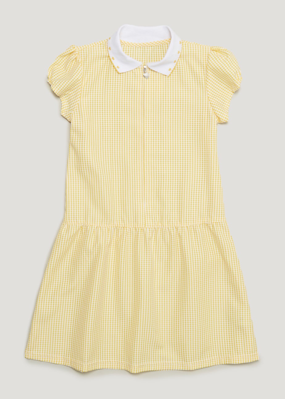 Girls Yellow Knitted Collar Gingham School Dress (3-14yrs)