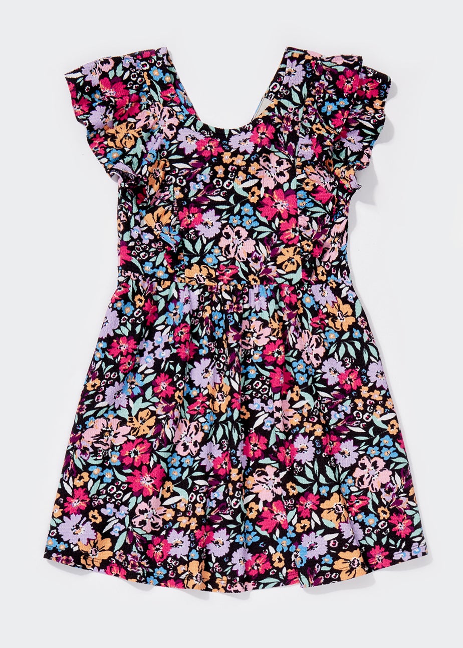 Girls Black Floral Crinkle Dress (4-13yrs)