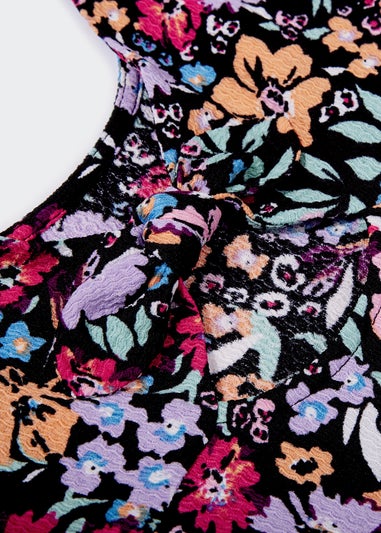 Girls Black Floral Crinkle Dress (4-13yrs)