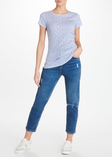 Blue Floral Print Crew Neck T-Shirt