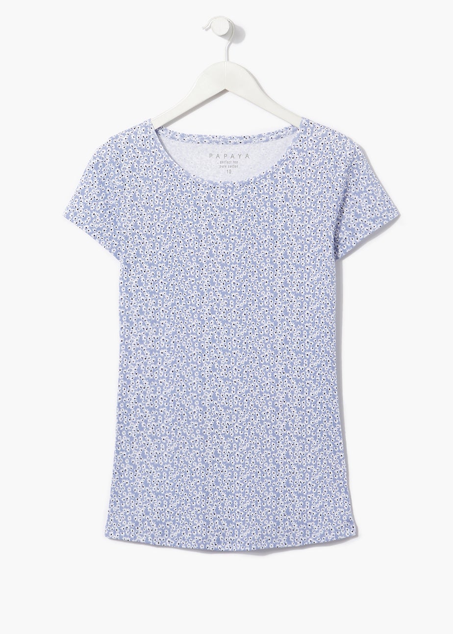 Blue Floral Print Crew Neck T-Shirt