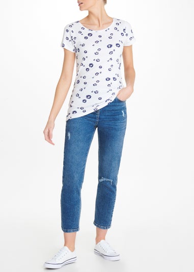 White Daisy Print Crew Neck T-Shirt