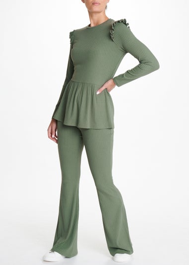 Khaki Ribbed Peplum Hem Co-Ord Top