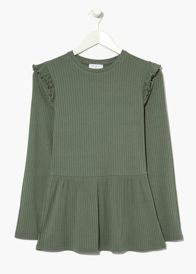 Khaki Ribbed Peplum Hem Co-Ord Top