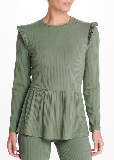 Khaki Ribbed Peplum Hem Co-Ord Top