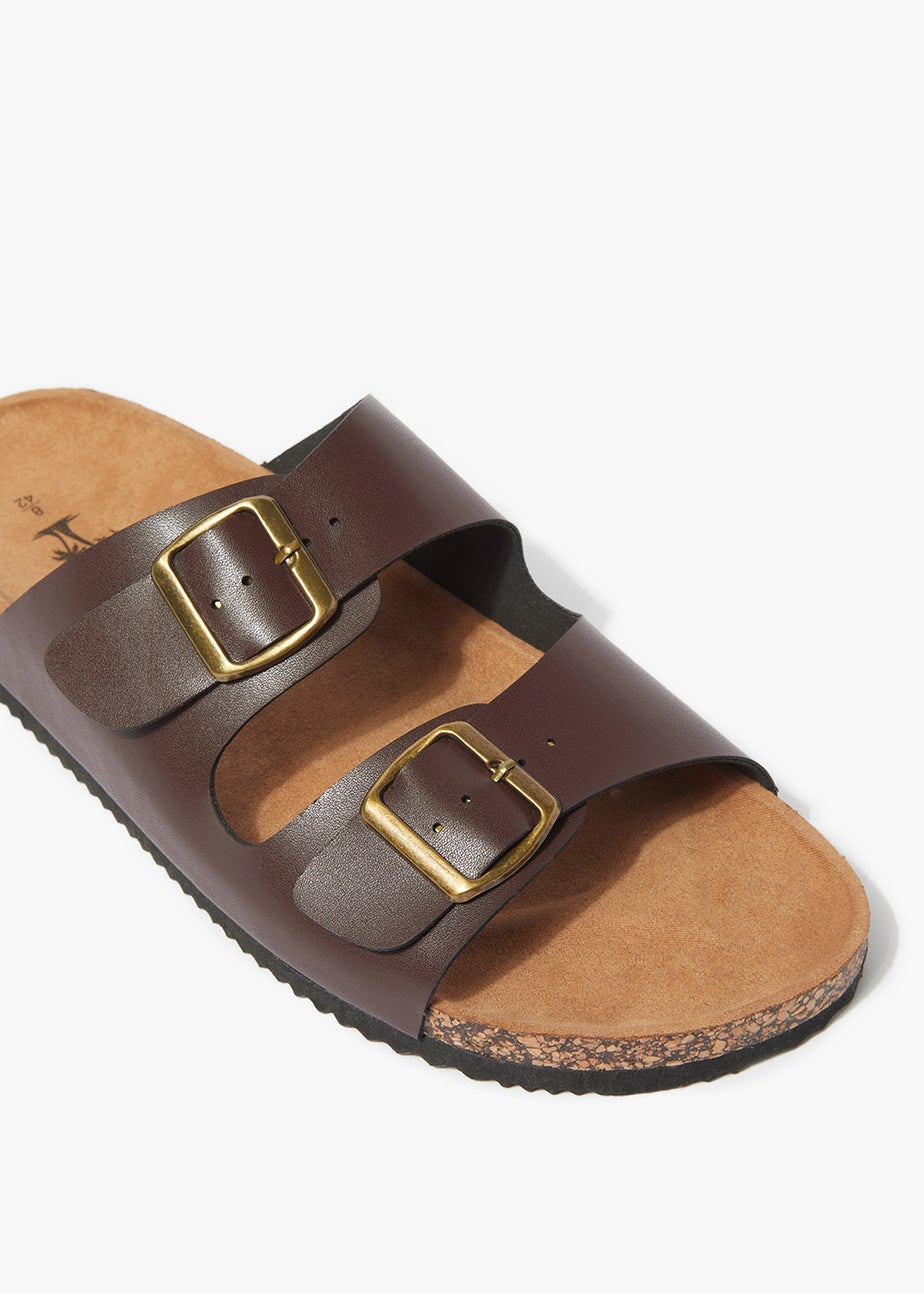 Brown PU Double Buckle Footbed Sandals