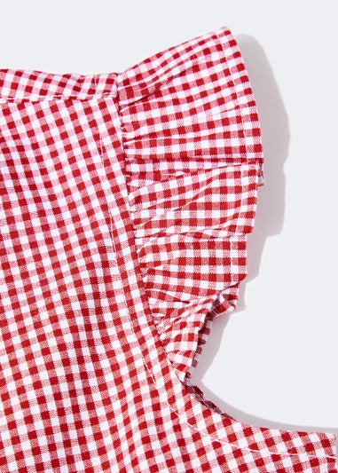 Girls Red Gingham Frill Sleeve School Dress (3-14yrs)