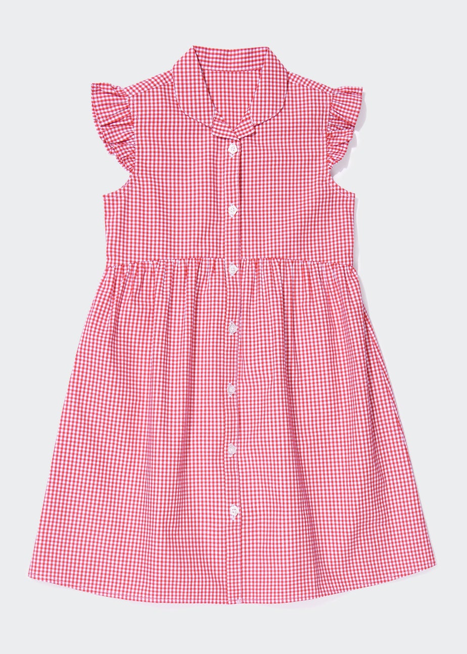 Girls Red Gingham Frill Sleeve School Dress (3-14yrs)