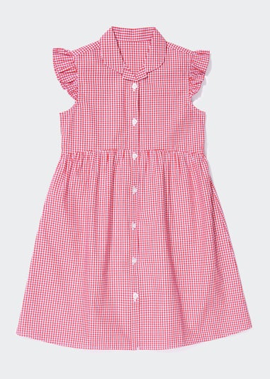 Girls Red Gingham Frill Sleeve School Dress (3-14yrs)
