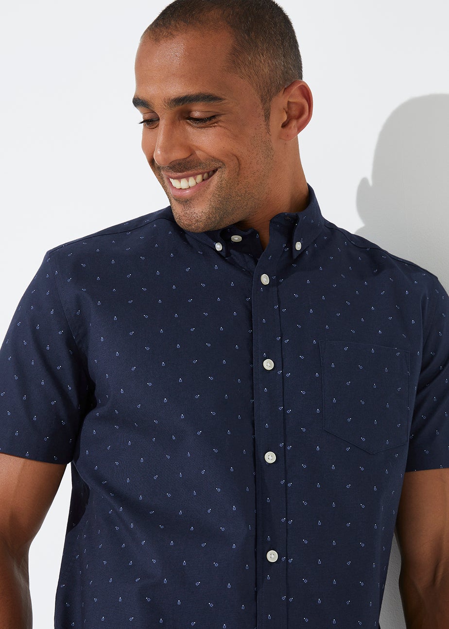 Navy Print Short Sleeve Oxford Shirt