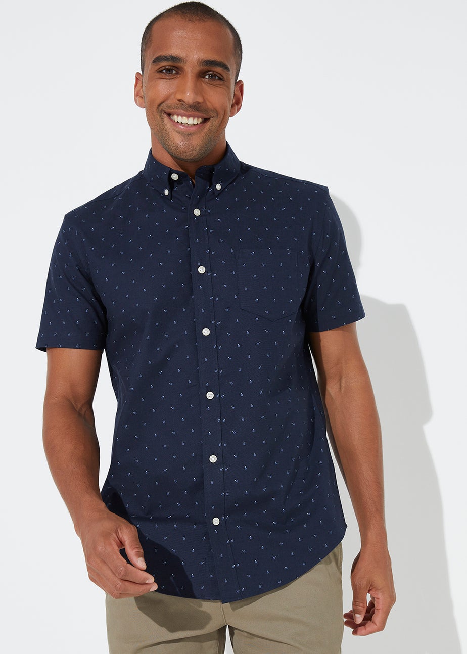 Navy Print Short Sleeve Oxford Shirt
