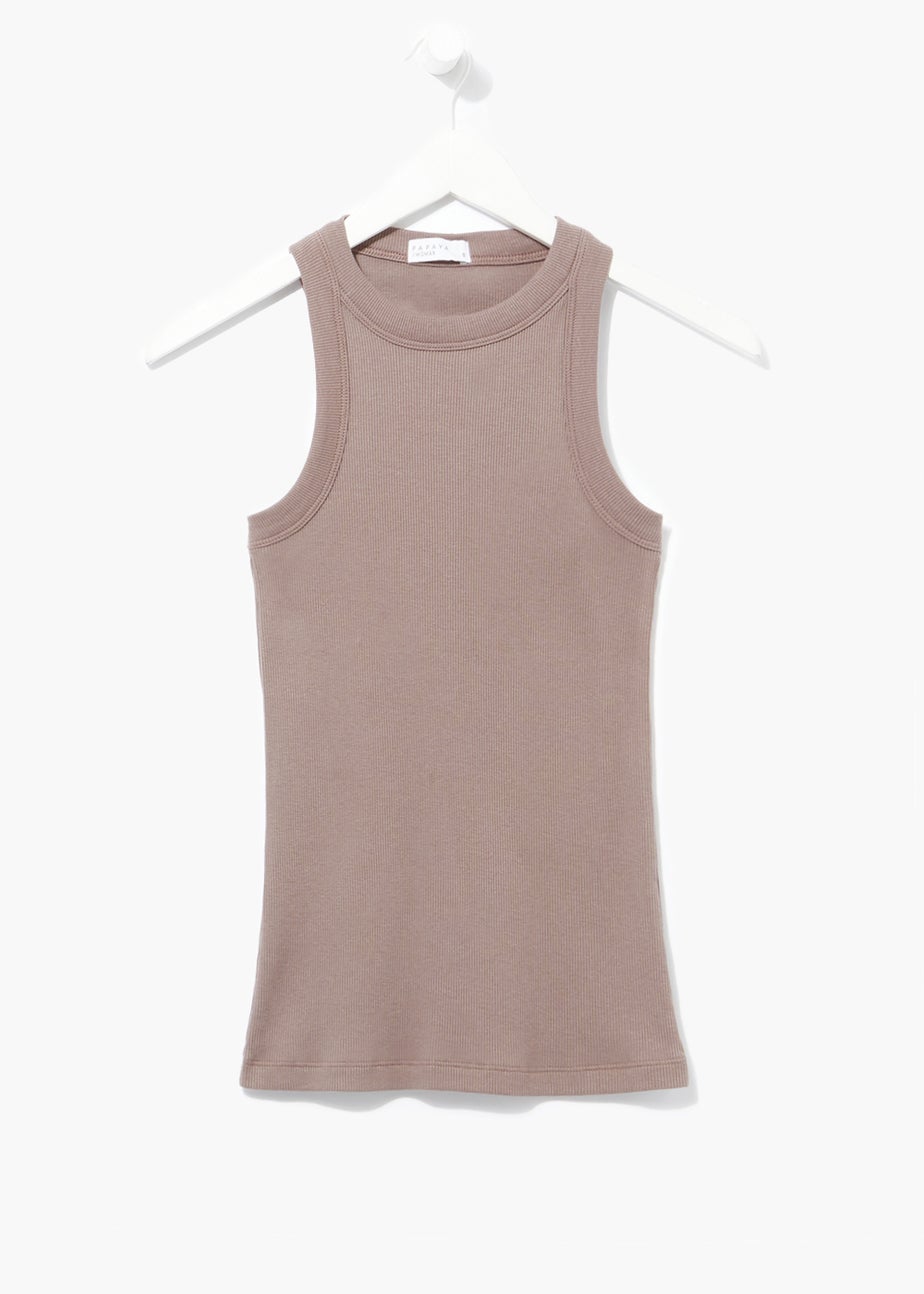 Brown High Neck Ribbed Vest Top