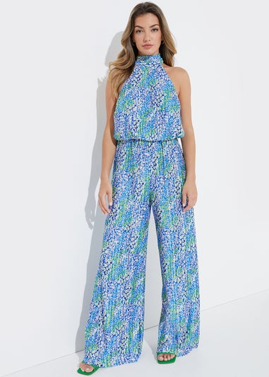 Be Beau Print Plisse Halter Neck Jumpsuit