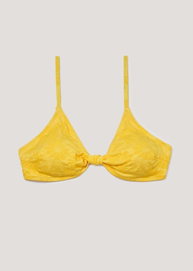 Yellow Knot Triangle Textured Bikini Top
