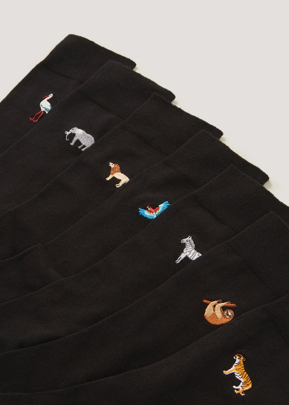7 Pack Black Embroidered Animal Socks