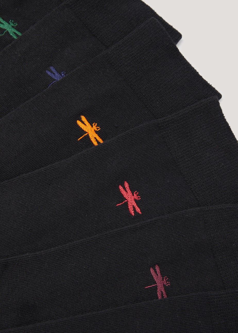 7 Pack Black Dragonfly Embroidery Socks