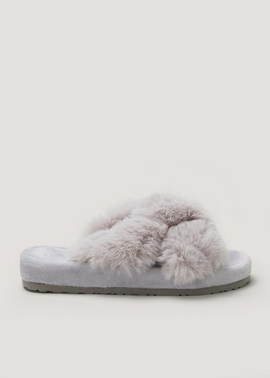 Grey Faux Fur Knot Footbed Slippers