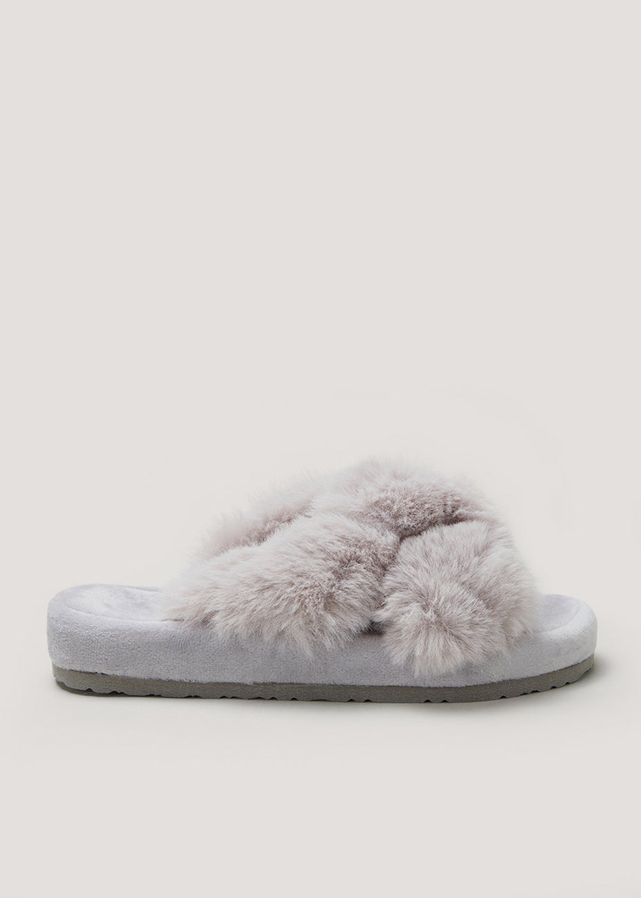Grey Faux Fur Knot Footbed Slippers