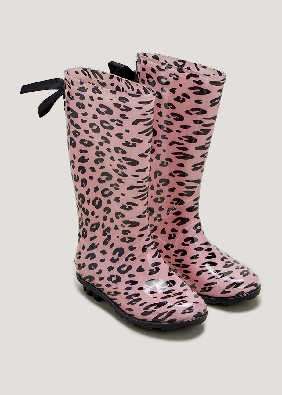 Girls Pink Leopard Print Bow Wellies (Younger 10-Older 5)