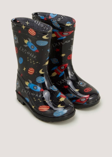 Boys Black Space Wellies (Younger 4-12)