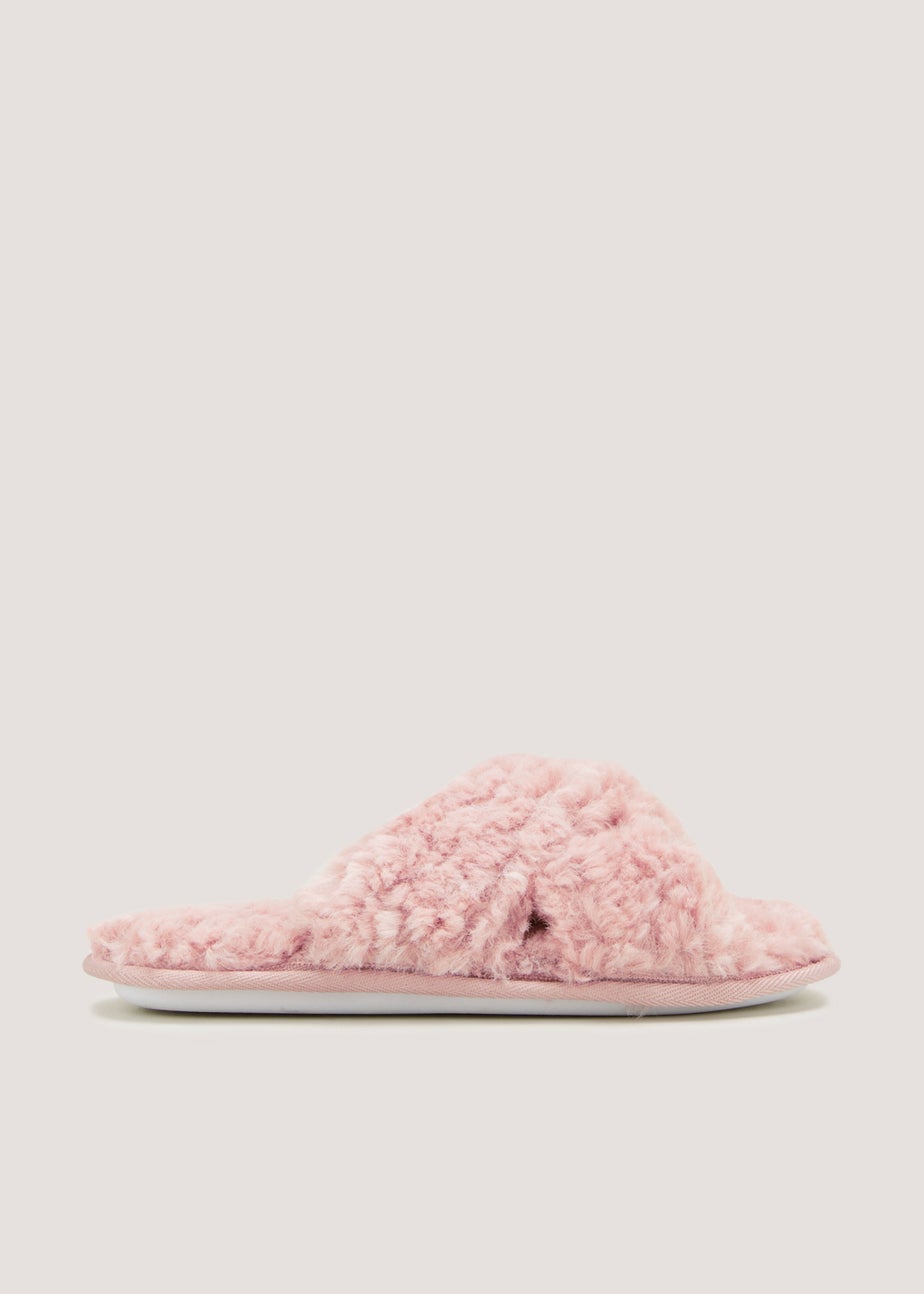 Pink Fluffy Cross Strap Slippers