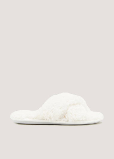 Cream Fluffy Cross Strap Slippers