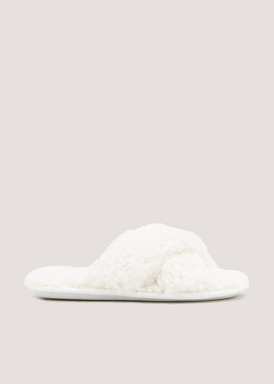 Cream Fluffy Cross Strap Slippers